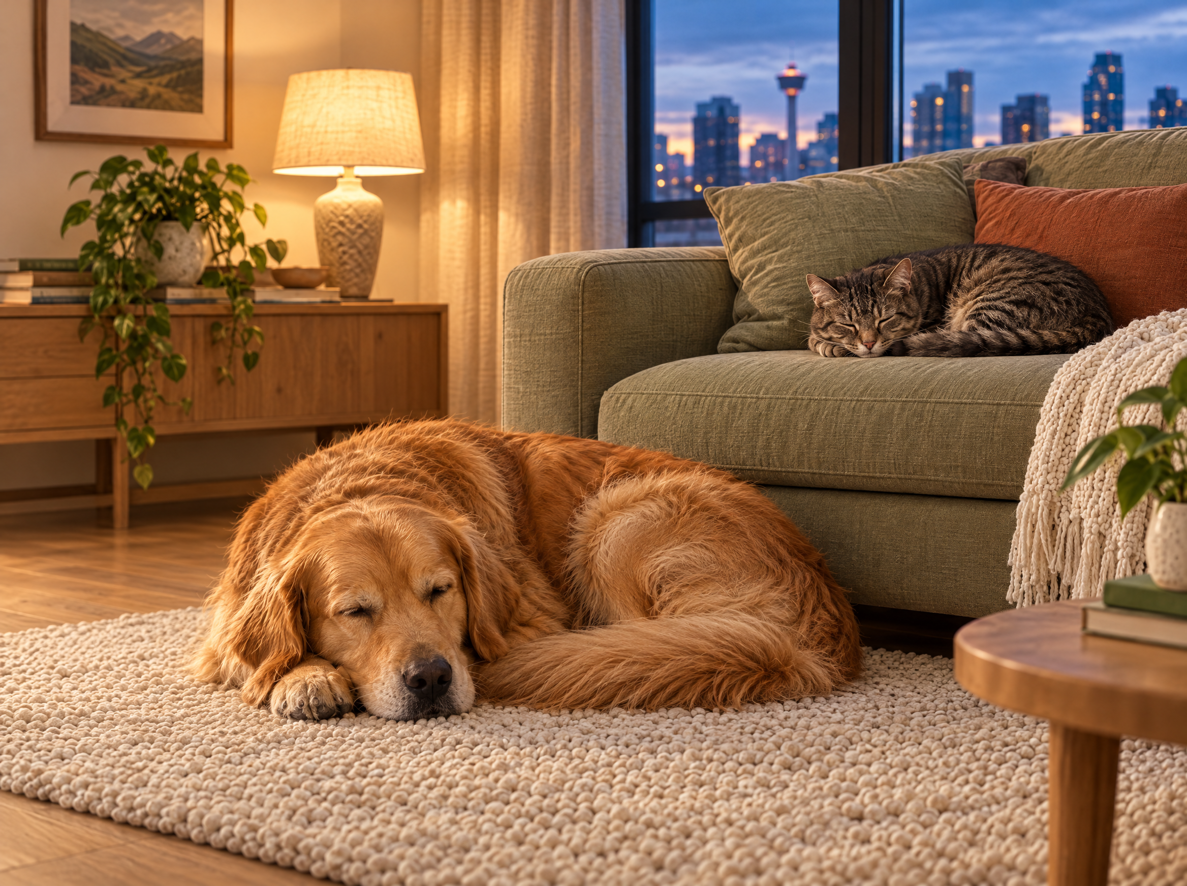 A golden retriever and tabby cat resting in a warm, familiar home at dusk.