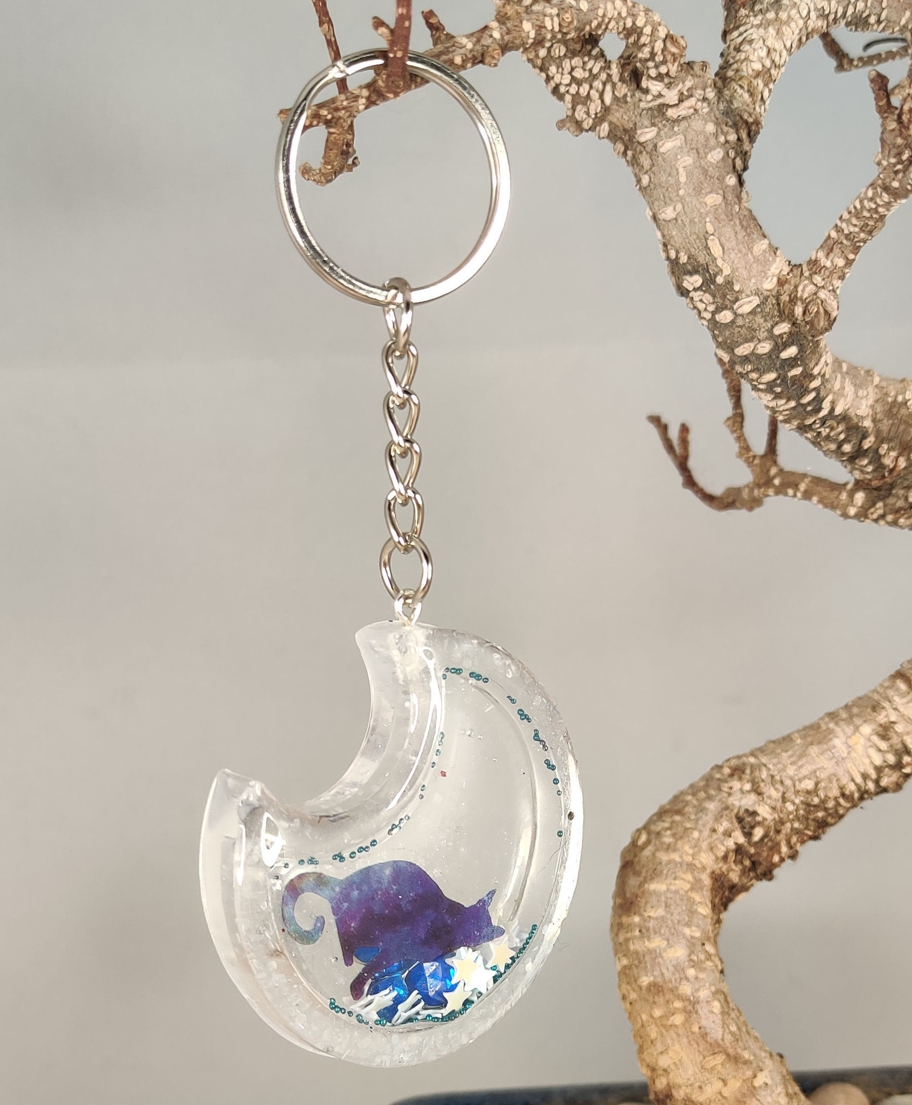 Porte clés shaker lune chat étoiles blanches