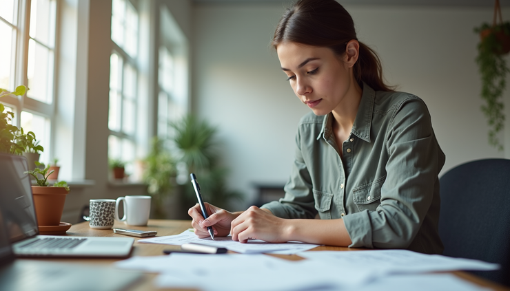 Vue en plongée d'une femme entrepreneure travaillant sur un projet innovant dans un espace de travail lumineux
