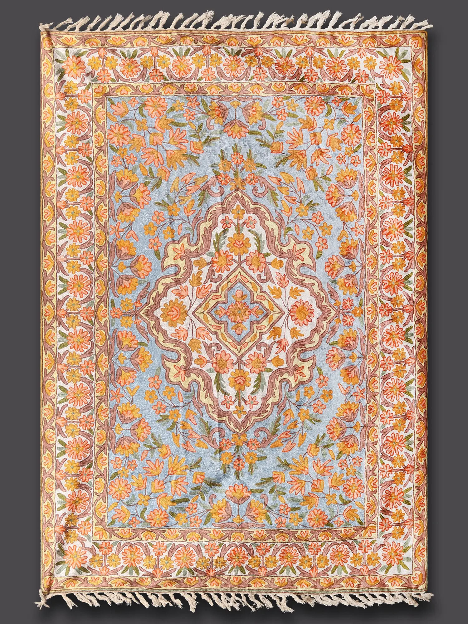 Powder-Blue Kashmiri Asana Carpet with Persian Motifs | Floor Mats and Rugs