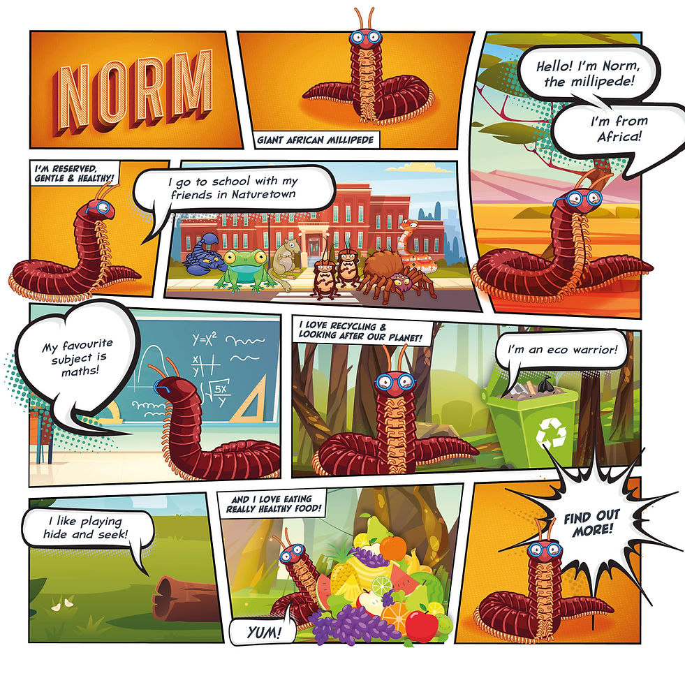 A comic strip showing Norm the giant African millipedes personality and interests.