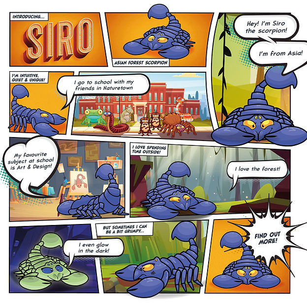 A comic strip showing Siro the Asian forest scorpions personality and interests.