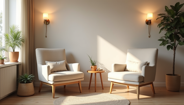 Eye-level view of a calm therapy room with comfortable chairs and soft lighting