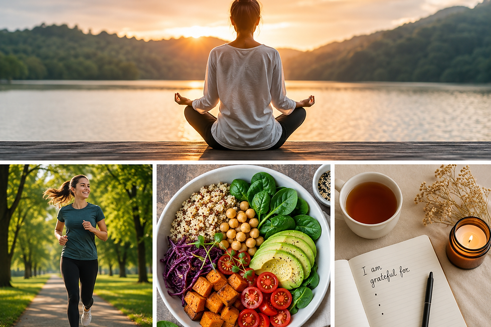 Wellness habits including meditation, exercise, nutritious food, and gratitude journaling for stress management