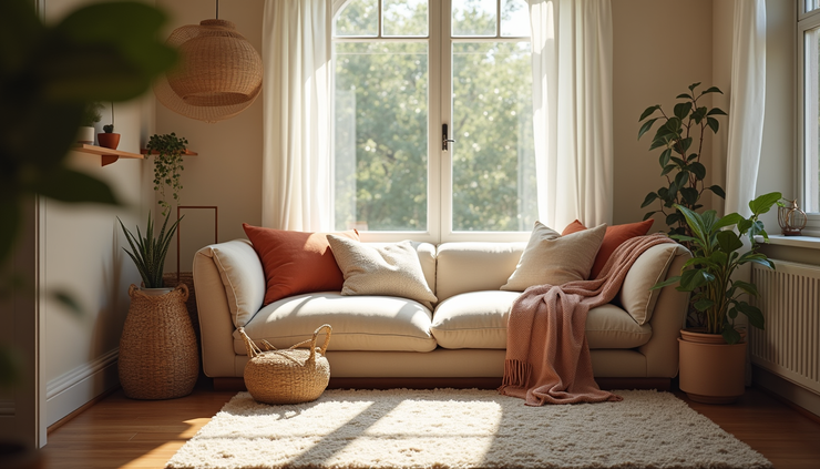 Eye-level view of a peaceful home reading nook with natural light and cozy cushions