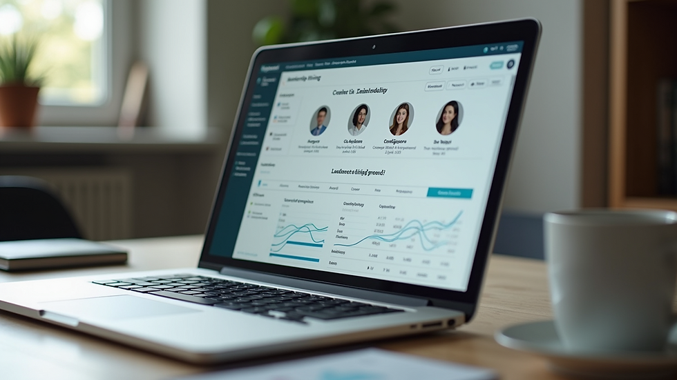 Close-up view of a laptop screen showing a leadership hiring dashboard with candidate profiles