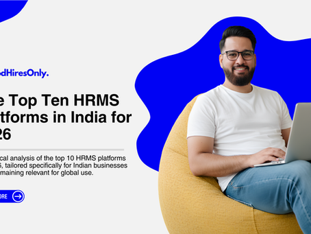 GoodHiresOnly banner: smiling man with laptop beside text The Top Ten HRMS Platforms in India for 2026 on blue-and-white background.