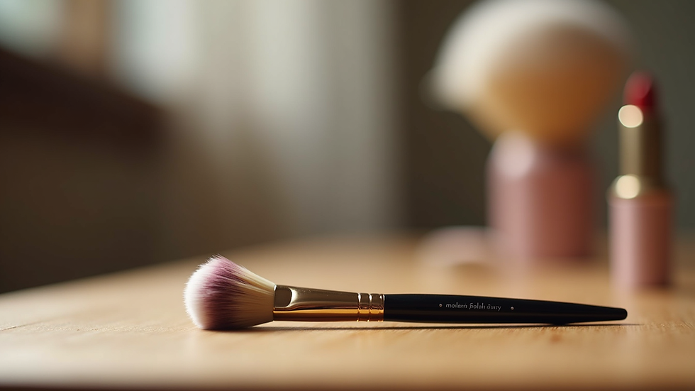Eye-level view of a makeup brush set on a wooden table