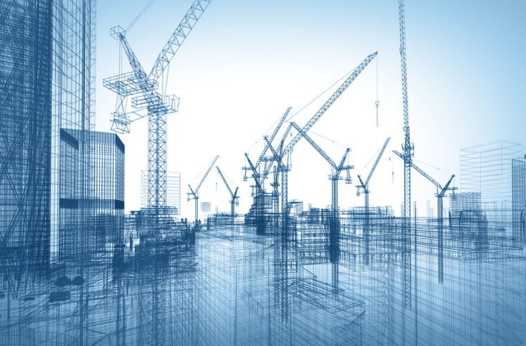 Building under construction with tower cranes
