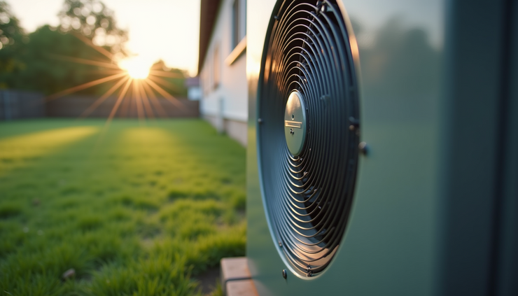 Eye-level view of a residential HVAC outdoor unit with visible condenser coils