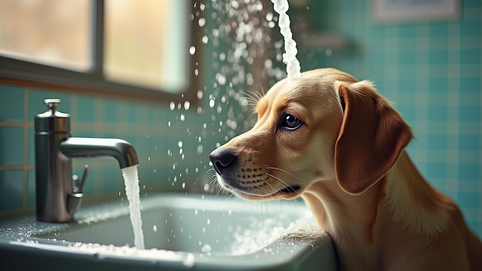 Close-up view of a dog wash station with shampoo and spray nozzle