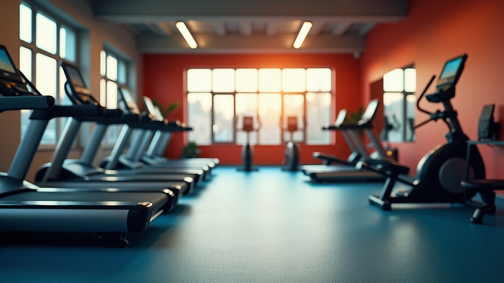 Eye-level view of a vibrant gym space featuring exercise equipment