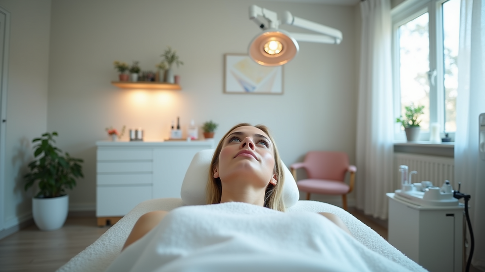 Eye-level view of a clinic treatment room with aesthetic equipment