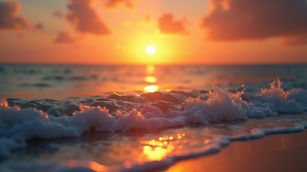 Eye-level view of a tranquil sunset over the ocean