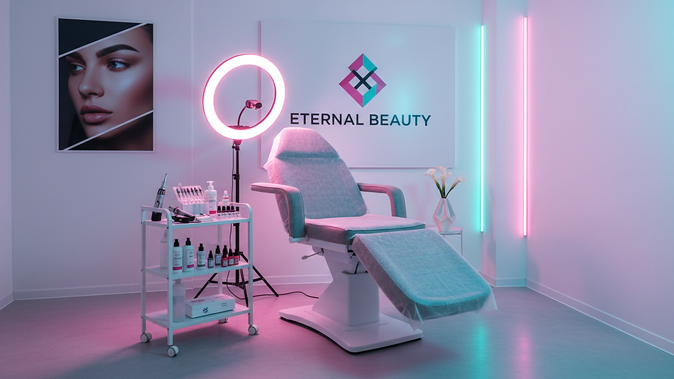Eye-level view of a calm clinic room prepared for a permanent makeup session