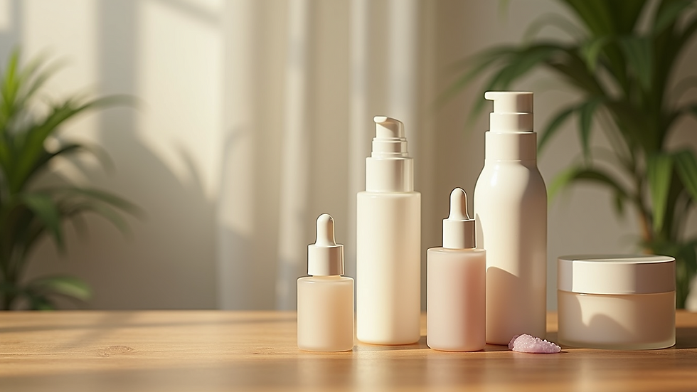 Eye-level view of skincare products arranged on a wooden surface