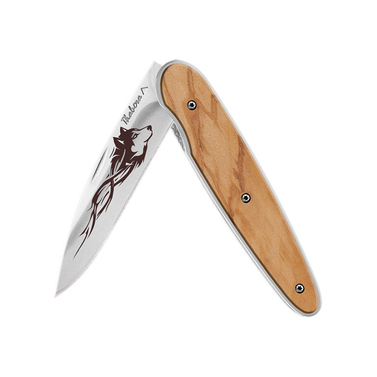 Couteau brillante pleine bois clair — «loup tribal»