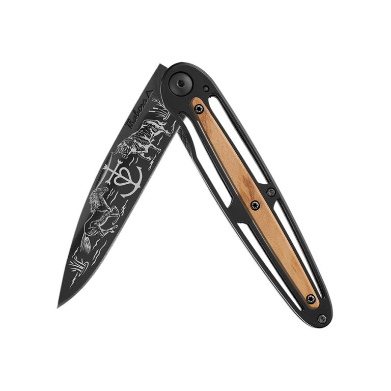 Couteau titane noir centrale bois clair — «camargue»