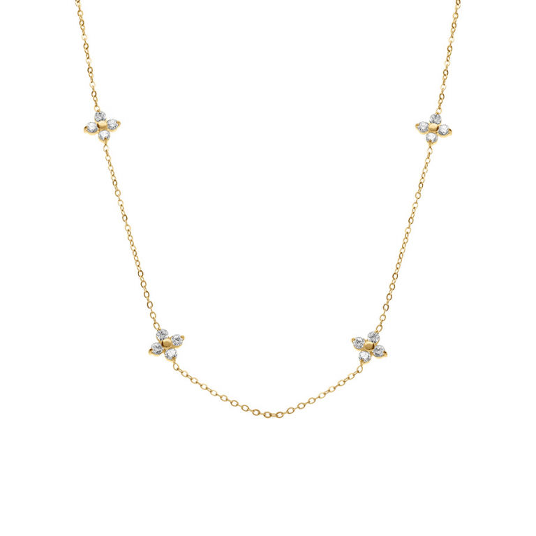 Miniature : COLLIER ACIER DORÉ 4 FLEURS OXYDES BLANCS 41+5CM