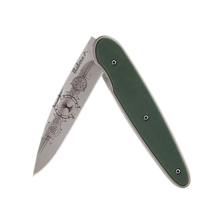 Couteau titane gris pleine g10 kaki — «runes viking»