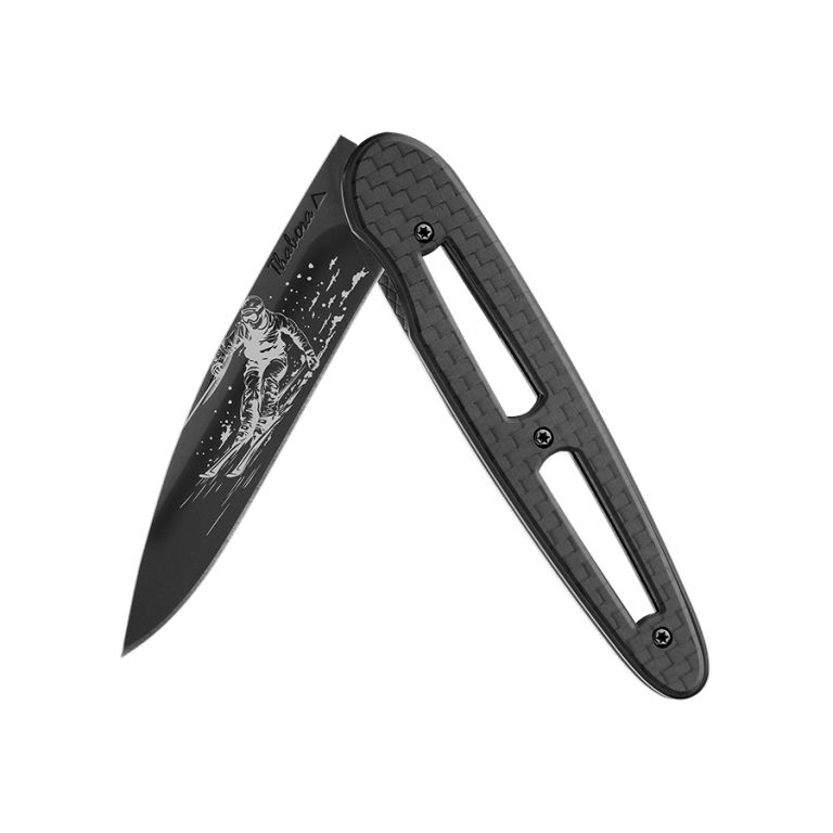 Couteau titane noir ajourée carbone — «skieur»