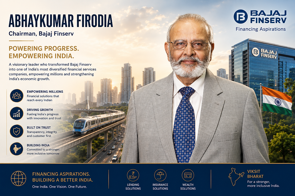 An infographic highlighting the Firodia family's industrial heritage in Pune and Bajaj Finserv's digital financial services.