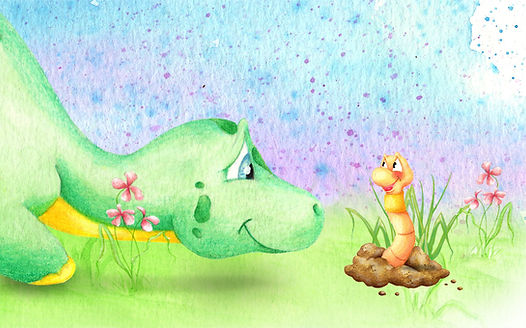 Kinderbuchillustration Rebenwurm und Dino