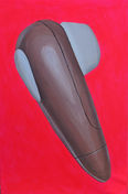 A painting of a beige clitoral sex toy against a neon pink background.