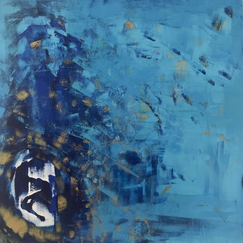 Barbara Marcinkowska abstract paining, blue and navy, gold