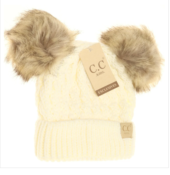 Thumbnail: C.C Kids Cable Knit Double Fur Pom Beanie (Inclusive)