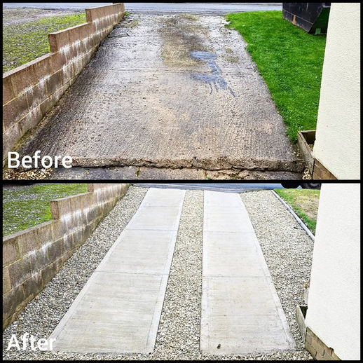 Before and after of cracked and stained driveway replacment in Rodborough.