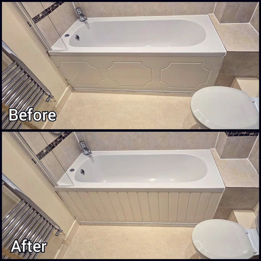 Before and after of water damaged, swollen MDF bath panel in Avening.