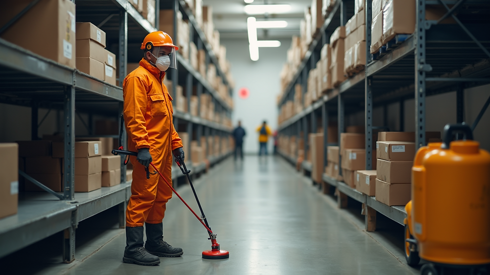 High angle view of pest control equipment and safety gear ready for use