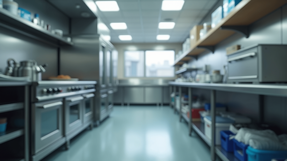 High angle view of a commercial kitchen with clean surfaces and organized storage