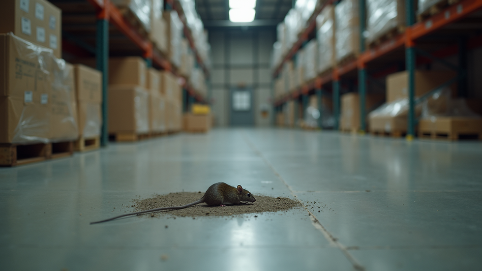 Eye-level view of a rodent trap set along a wall in a warehouse