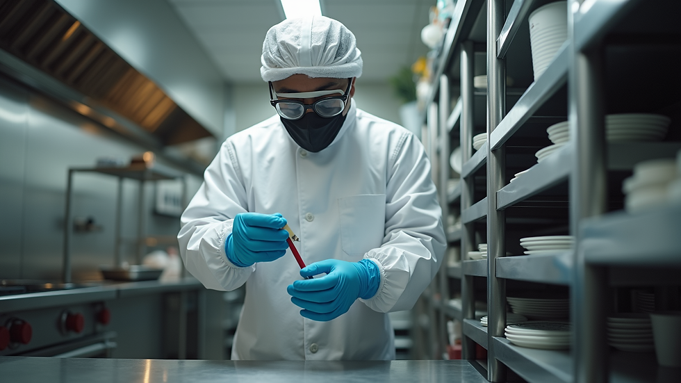Eye-level view of pest control technician inspecting a commercial kitchen