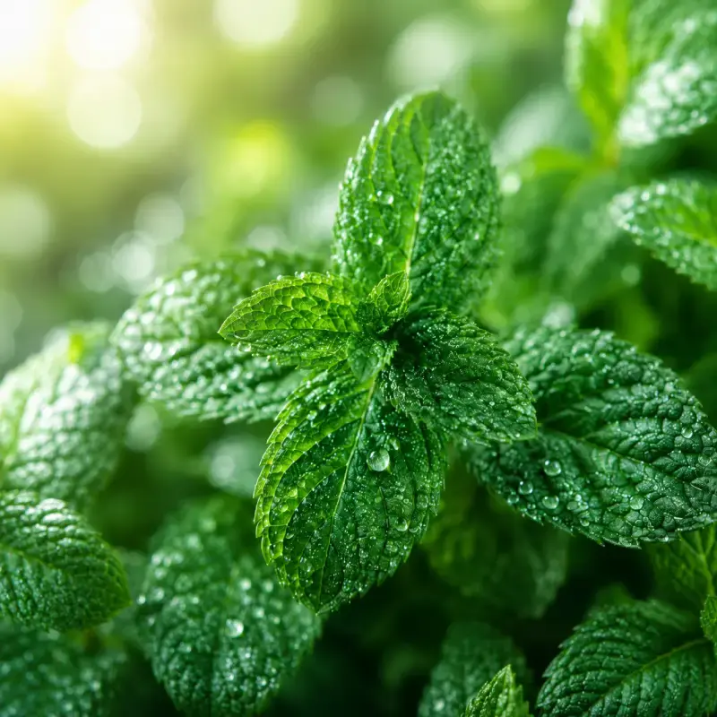 Gros plan sur des feuilles de menthe fraîche couvertes de gouttes de rosée, éclairées par une lumière naturelle douce.