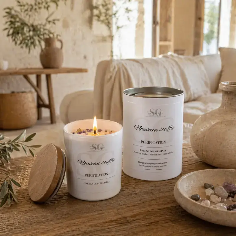 Bougie lithothérapie Nouveau souffle allumée, avec son écrin et ses pierres naturelles, posée sur une table en bois dans une pièce à vivre chaleureuse de style mas provençal.
