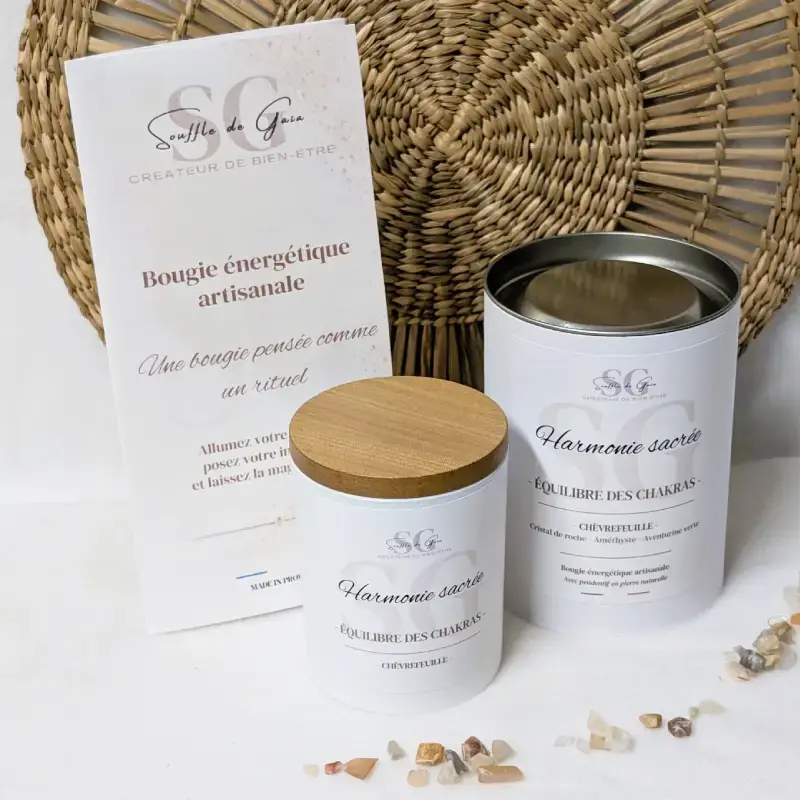 Bougie lithotherapie Harmonie sacree Equilibre des chakras avec sa boite