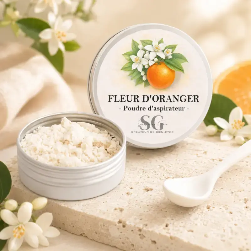 Poudre d’aspirateur Fleur d’oranger Souffle de Gaïa dans un décor doux aux fleurs d’oranger.
