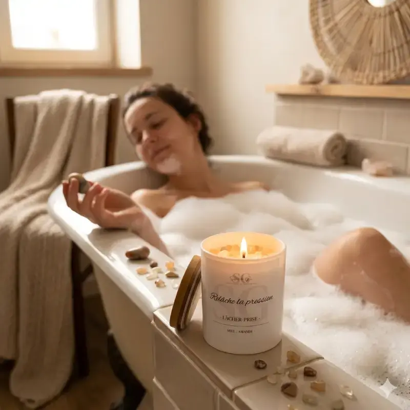 Une photo carrée qui montre la bougie artisanale Souffle de Gaïa "Relâche la pression" allumée, posée sur le rebord d'une baignoire remplie de mousse. En arrière-plan flou, une personne se relaxe dans son bain dans une ambiance cocooning et chaleureuse. Les pierres naturelles et le couvercle en bois sont visibles à côté de la bougie.