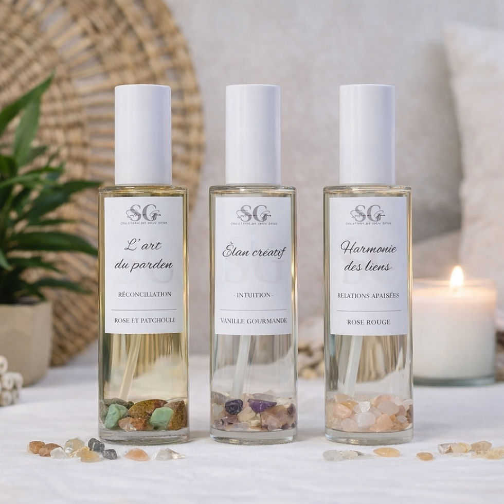 Collection de sprays rituel artisanaux avec pierres naturelles infusées dans le flacon – gamme Souffle de Gaïa pour les professionnels