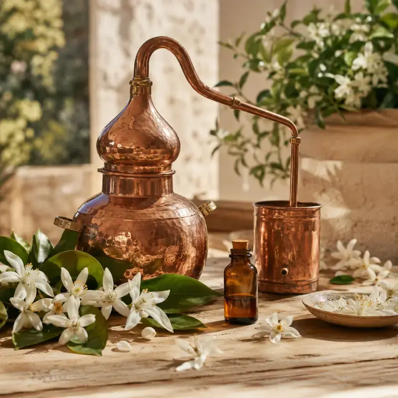 Alambic artisanal et fleurs de bigaradier pour illustrer l’extraction de la fleur d’oranger et du néroli.