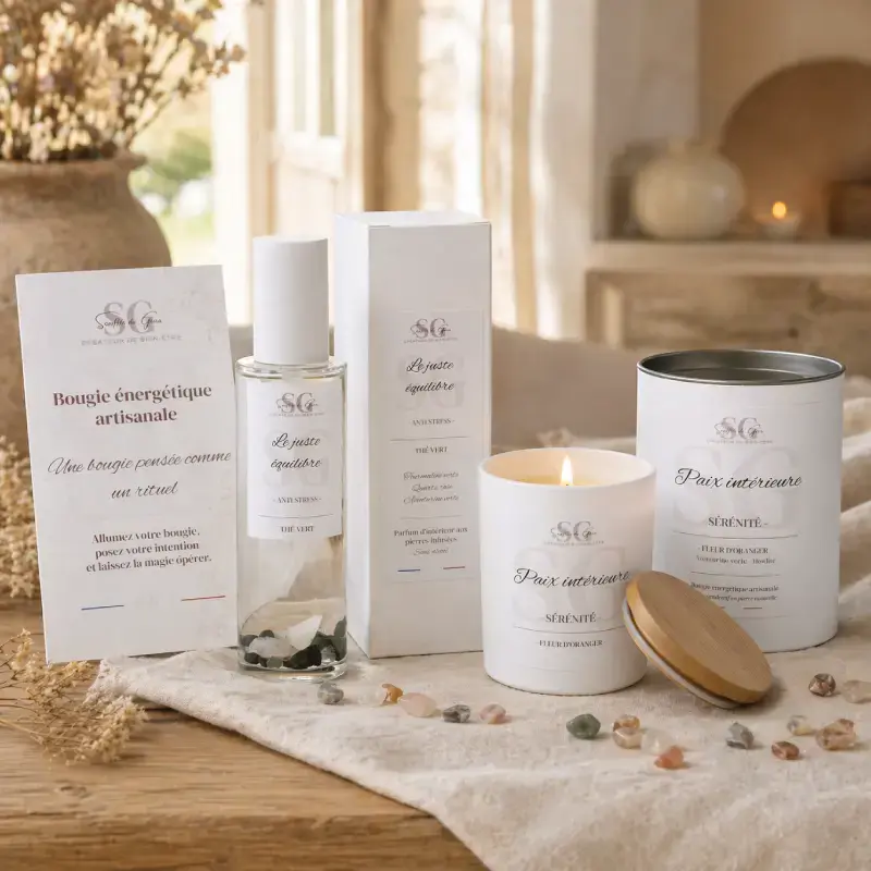 Bougie lithothérapie, spray d’intérieur, pack rituel et flyer explicatif Souffle de Gaïa dans une ambiance douce et chaleureuse