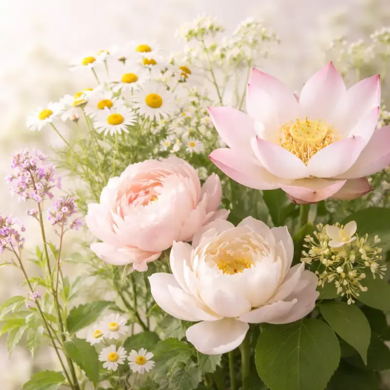 Composition de fleurs apaisantes avec camomille, lotus, pivoine, tilleul et verveine fleurie dans une ambiance douce et naturelle