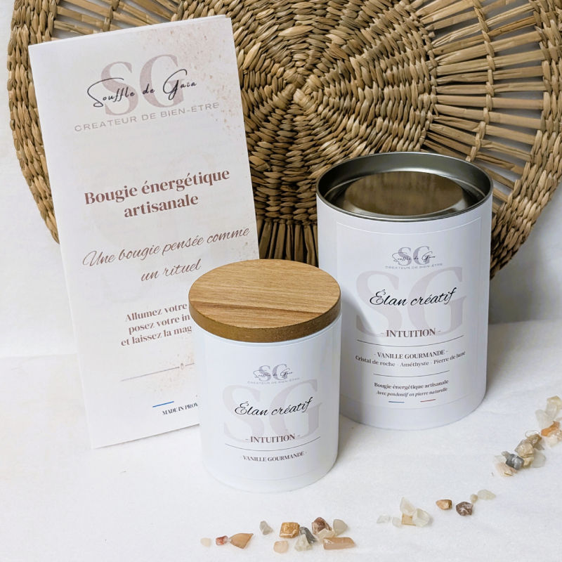 Bougie lithotherapie Elan creatif Intuition avec sa boite