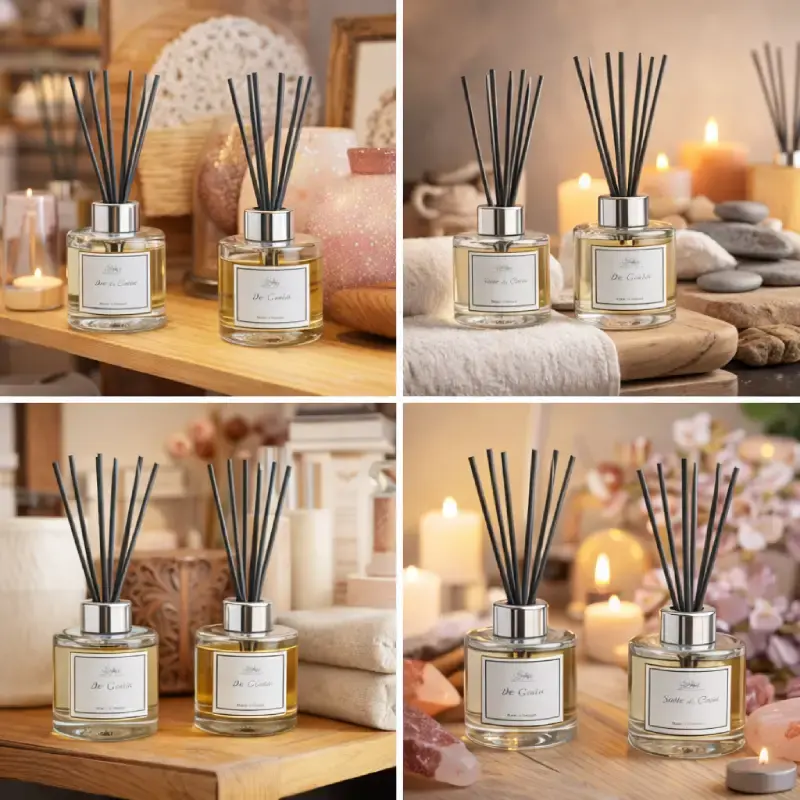 Diffuseurs de parfum à bâtonnets Souffle de Gaïa mis en scène dans différents univers boutique, décoration et bien-être, pour illustrer leur place naturelle en point de vente.