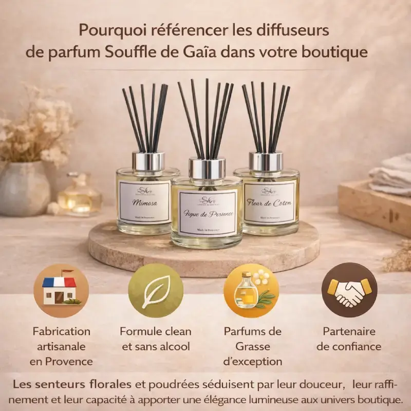 Diffuseurs de parfum Souffle de Gaïa présentés dans un univers premium, illustration d’une collection artisanale pensée pour les boutiques, concept stores et revendeurs professionnels.