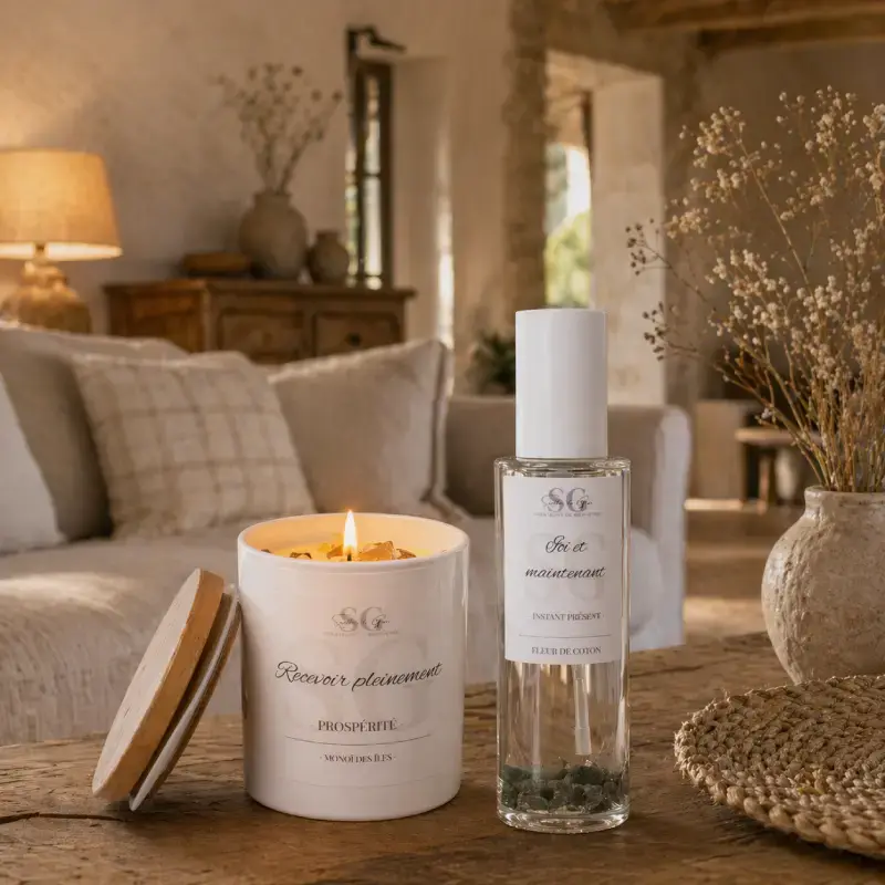 Bougie lithothérapie allumée et spray d’intérieur aux pierres dans une pièce à vivre chic et épurée de mas provençal, pour un rituel bien-être à la maison