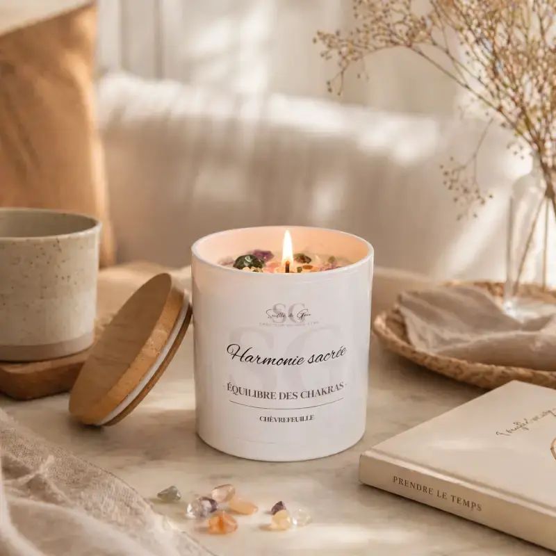Bougie lithothérapie Harmonie sacrée allumée sur une table dans une ambiance douce et apaisante, entourée d’un mug, de pierres naturelles et d’un livre, pour illustrer les bienfaits d’une bougie d’intention